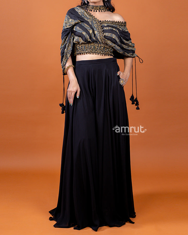 Black Palazzo with Designer Pleated Printed Crop Top and Choker-Style Dupatta