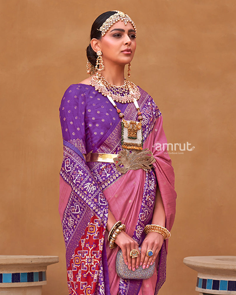 Pink Zari Weaving Purple Border Saree in Patola Silk with Unstitched Blouse