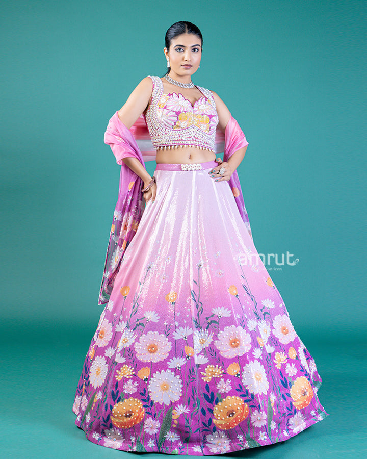 Floral Sequin Embellished Pinkish-Purple Lehenga Choli And Dupatta