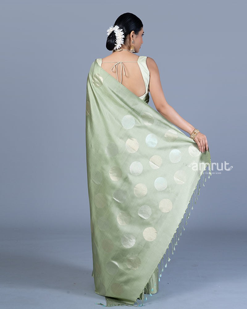 Sage Green with Round-Shaped Zari Woven Detailing Saree with Unstitched Blouse