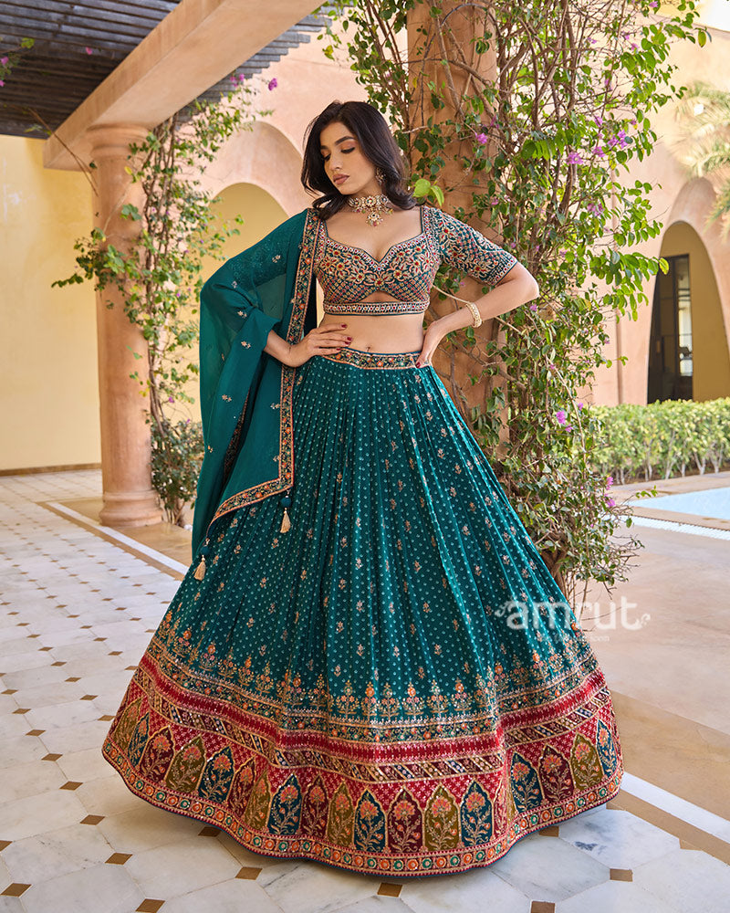 Teal Sequins Embroidered Lehenga Choli with Matching Dupatta