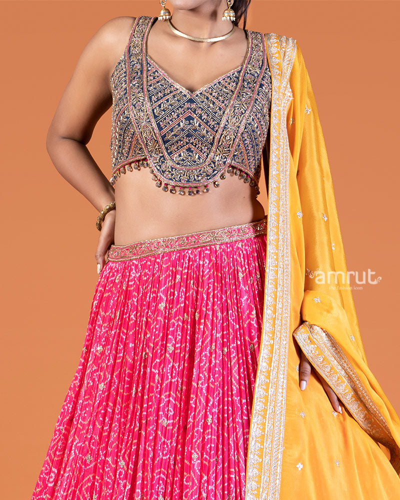 Pink Bandhani Lehenga with Purple Choli and Yellow Dupatta Set