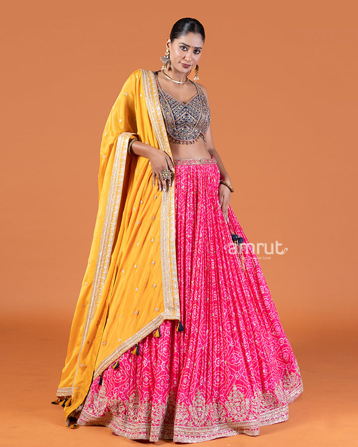 Pink Bandhani Lehenga with Purple Choli and Yellow Dupatta Set