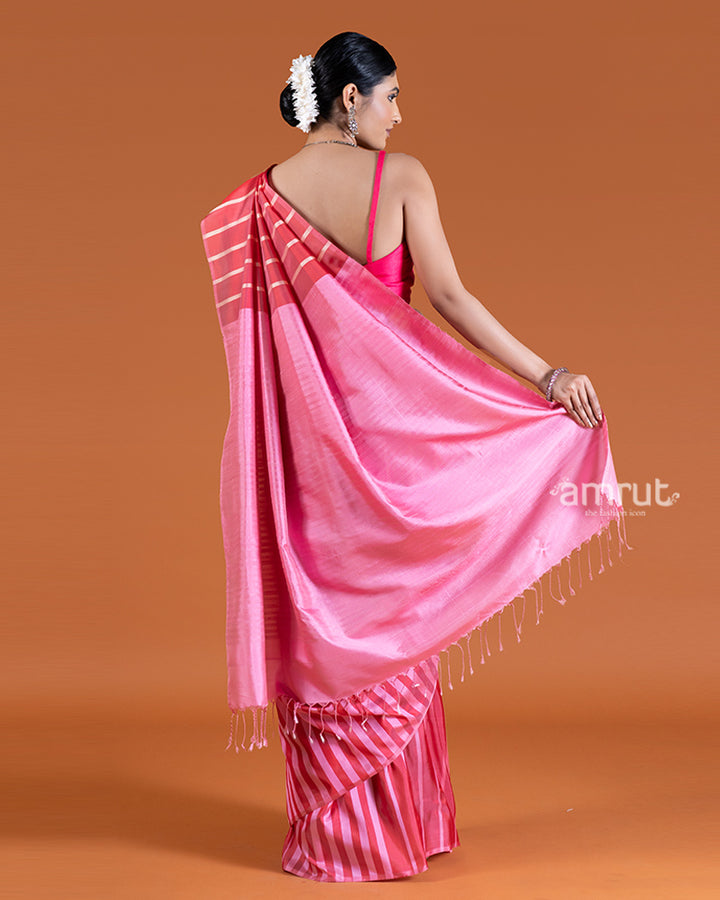 Pink and Beige Striped Saree with unstitched blouse