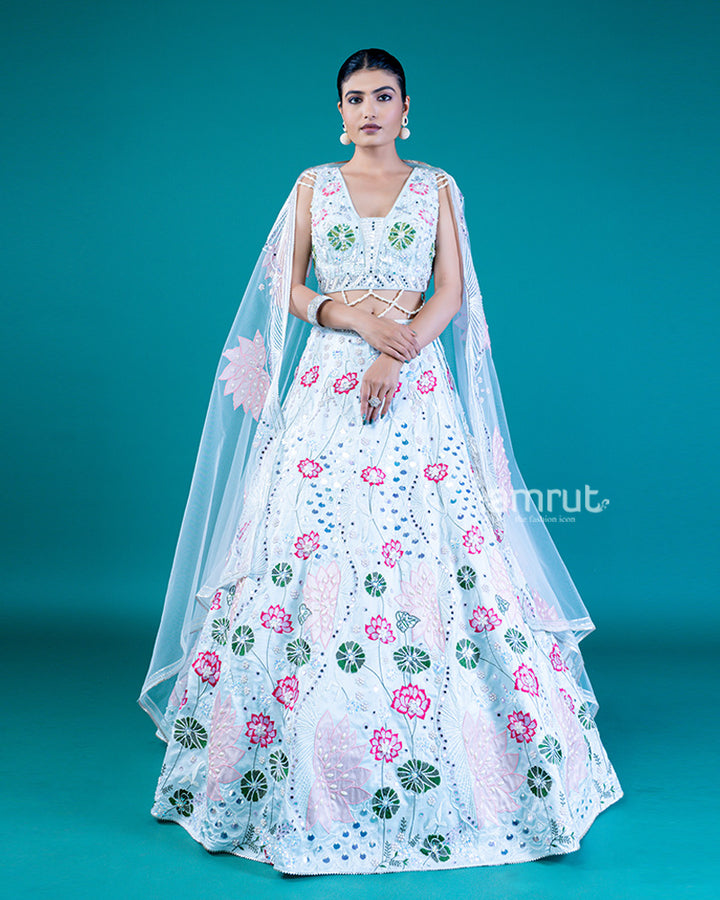 Embroidered White Lehenga with Lotus Design, Sweetheart Neckline Choli, and Sheer Dupatta