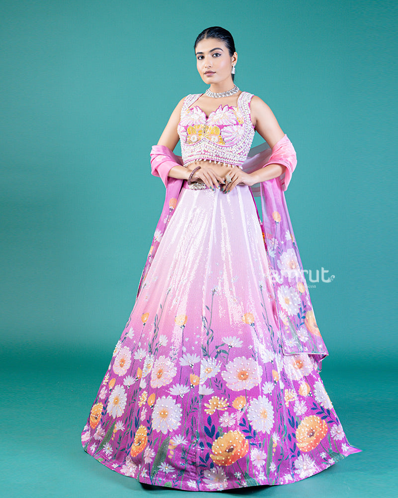 Floral Sequin Embellished Pinkish-Purple Lehenga Choli And Dupatta