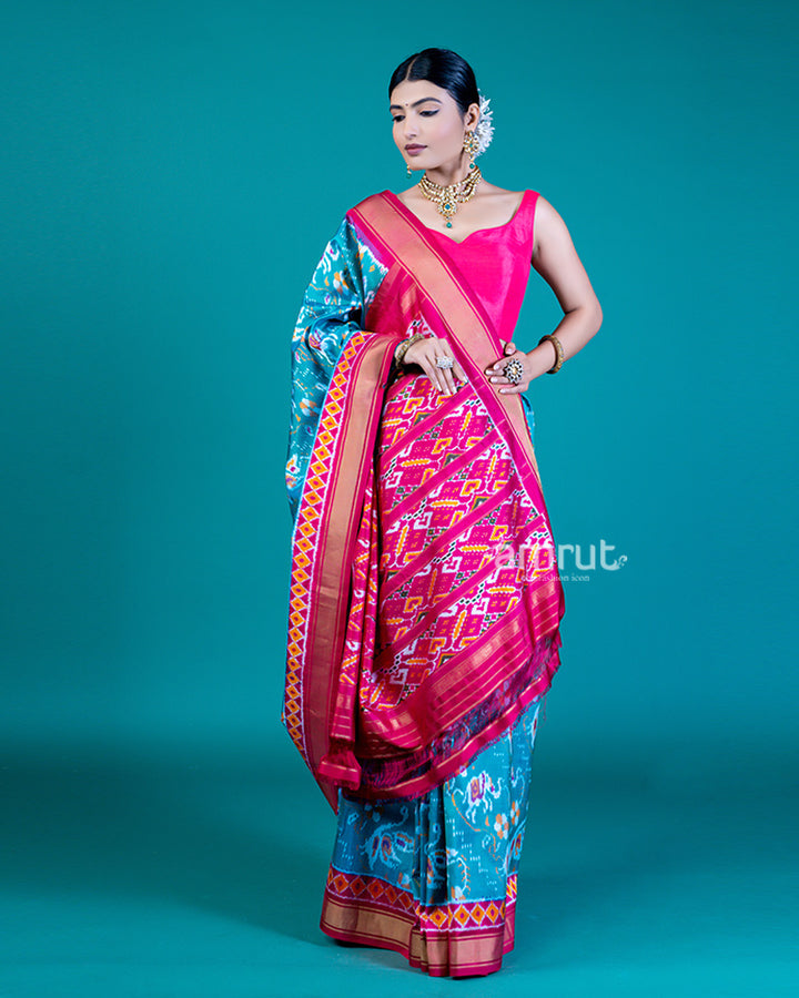 Turquoise Blue Patola Silk Saree with Contrast Pink Border and Pallu, with Unstitched