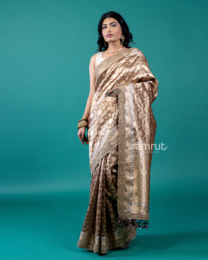 Gold-Beige and Bronze-Brown Ombre Saree with Unstitched Blouse