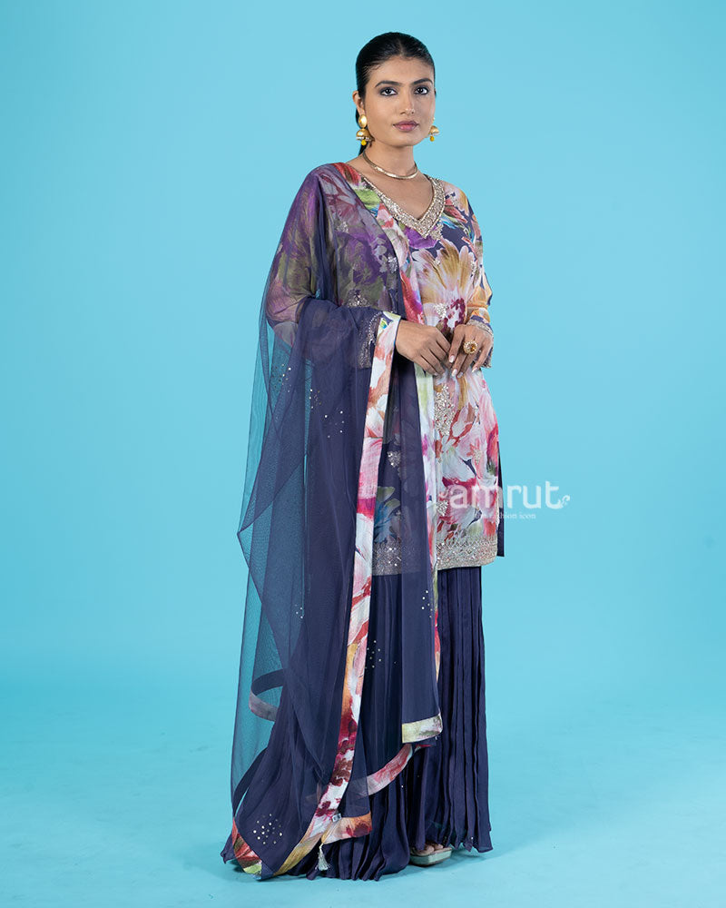 Purple Floral Printed Salwar Kameez with Golden Embellishments and Matching Dupatta