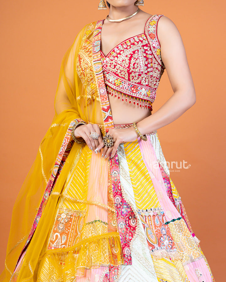 Maroon and Multicolor Embellished Lehenga Choli Set with Mustard Yellow Dupatta