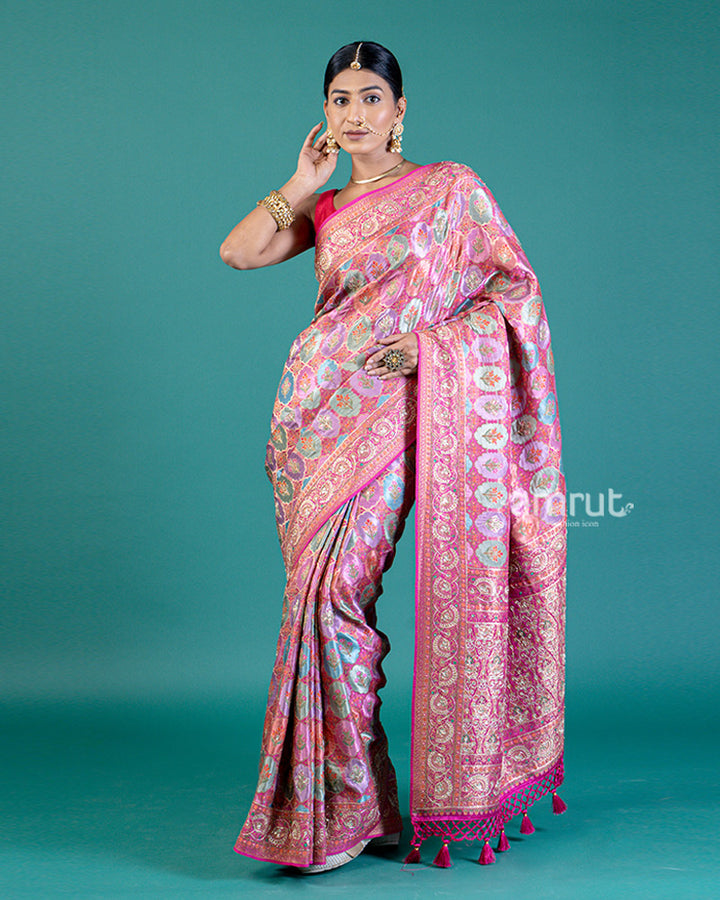 Pink Brocade Silk Saree with Heritage Woven Design and Unstitched Blouse