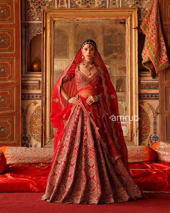 Red Golden Embroidered Embellished Bridal Lehenga Choli with Red Dupatta