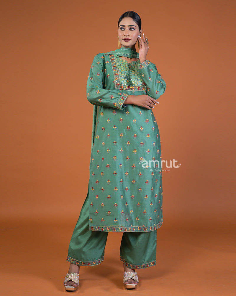 Green Silk Embroidered Kurta and Palazzo pants with Dupatta