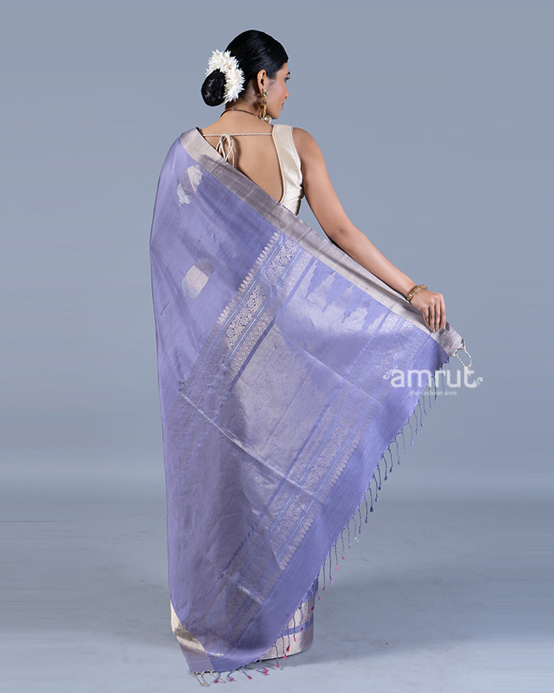 Light Purple with Golden Zari Leaf Patterns and Geometric Motifs Saree with unstitched blouse