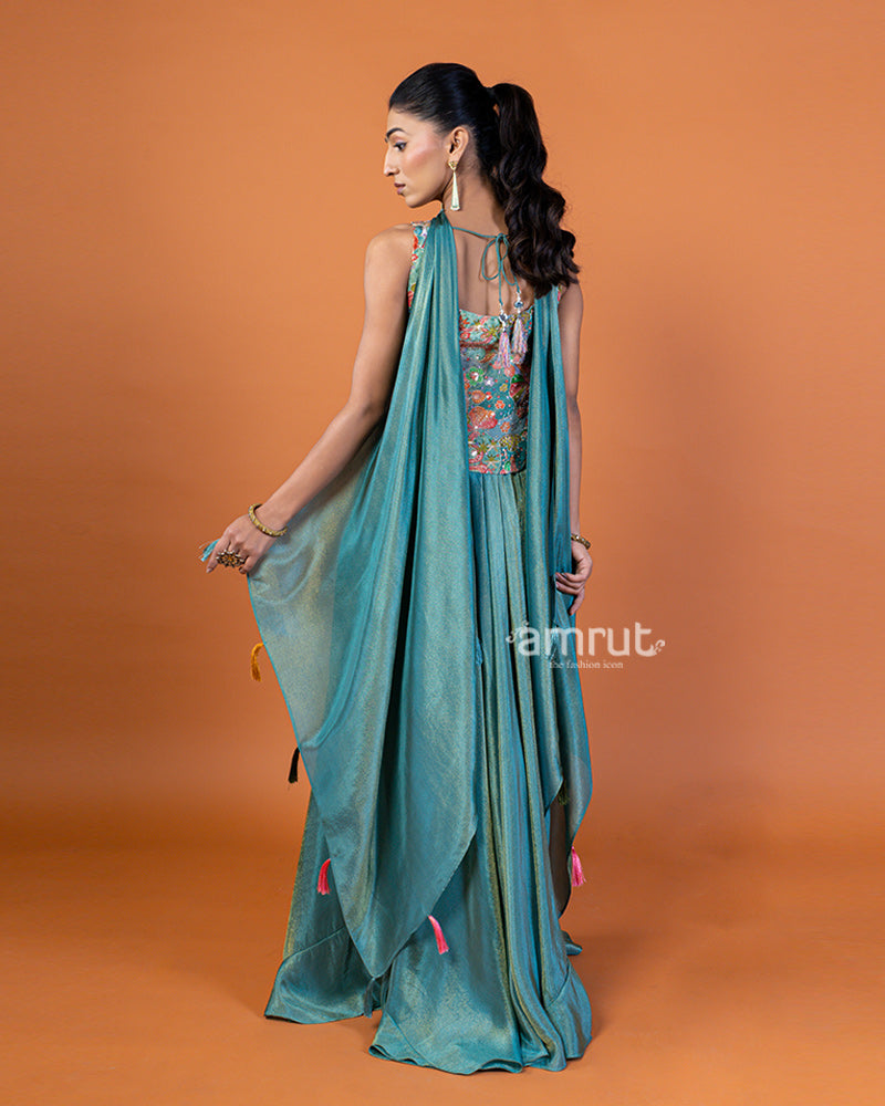 Teal Embroidered Halter Crop Top with Palazzo Pants and Dupatta