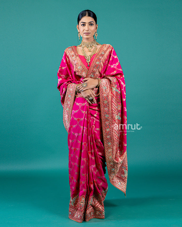 Name: Magenta Pink Zari Woven Silk Saree with Unstitched Blouse Piece