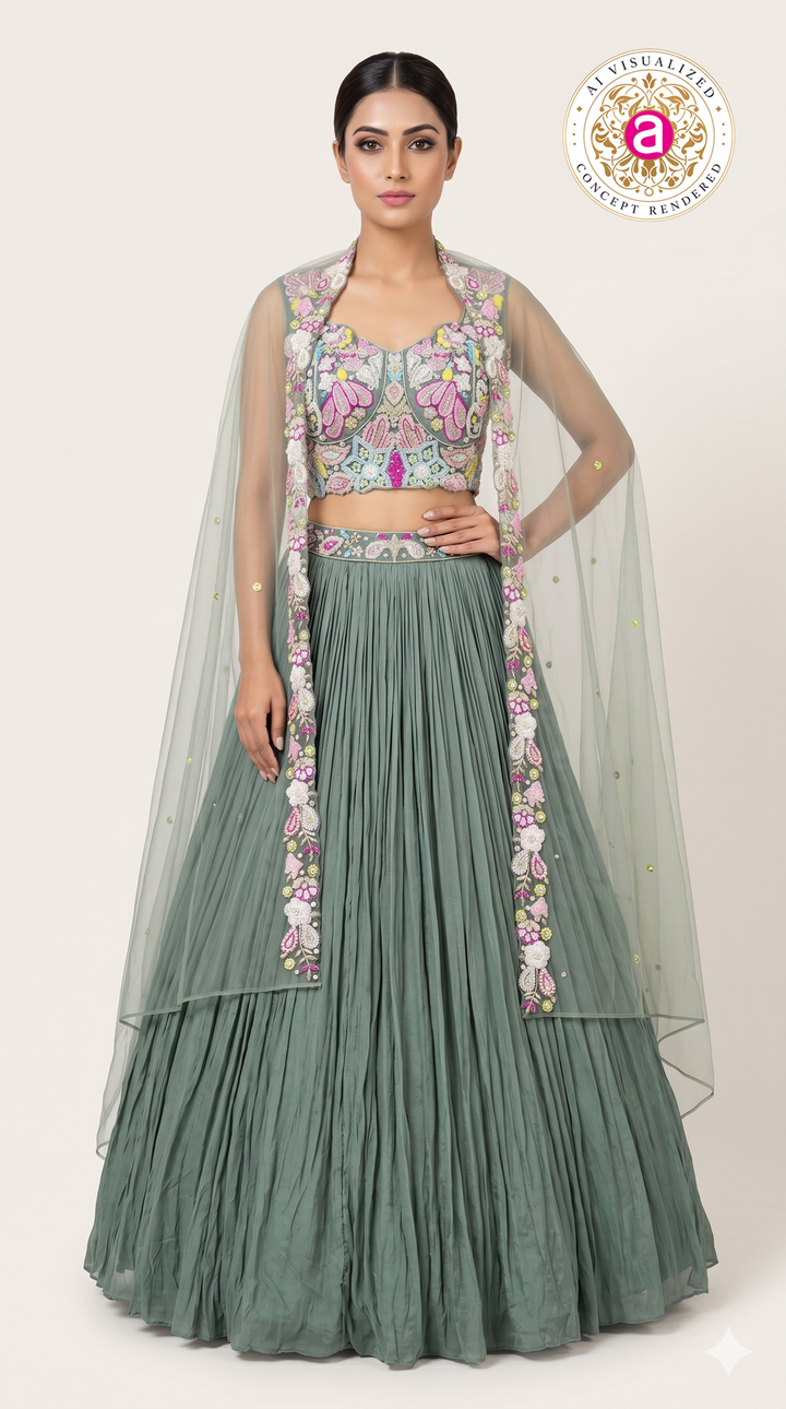 Sage Green Floral Embroidered Lehenga Set with Cape Dupatta