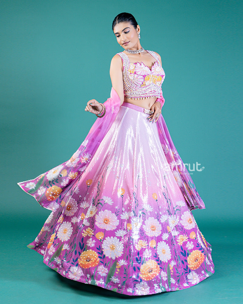 Floral Sequin Embellished Pinkish-Purple Lehenga Choli And Dupatta