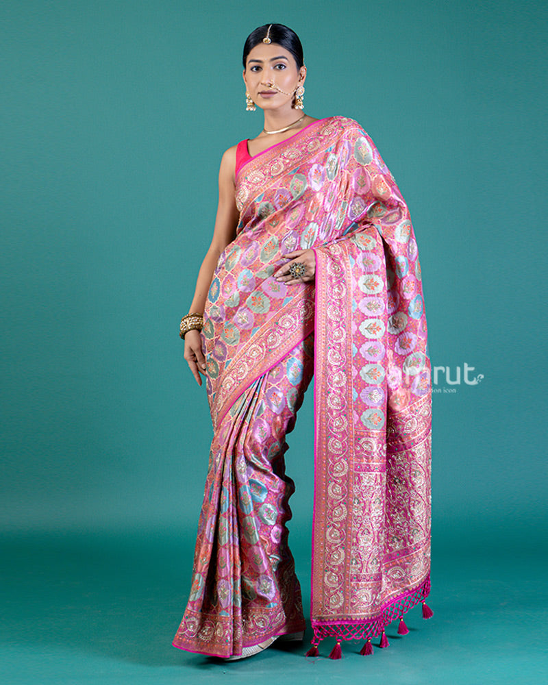 Pink Brocade Silk Saree with Heritage Woven Design and Unstitched Blouse