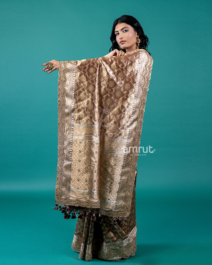 Gold-Beige and Bronze-Brown Ombre Saree with Unstitched Blouse