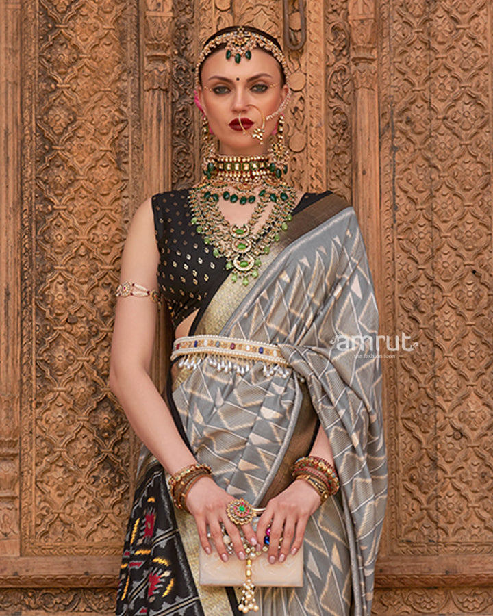 Grey Geometric Patterns & Black Border Patola Silk Saree with Unstitched Blouse