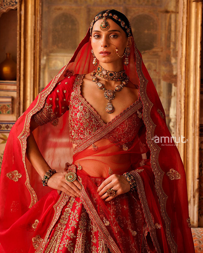 Red Golden Embroidered Embellished Bridal Lehenga Choli with Red Dupatta