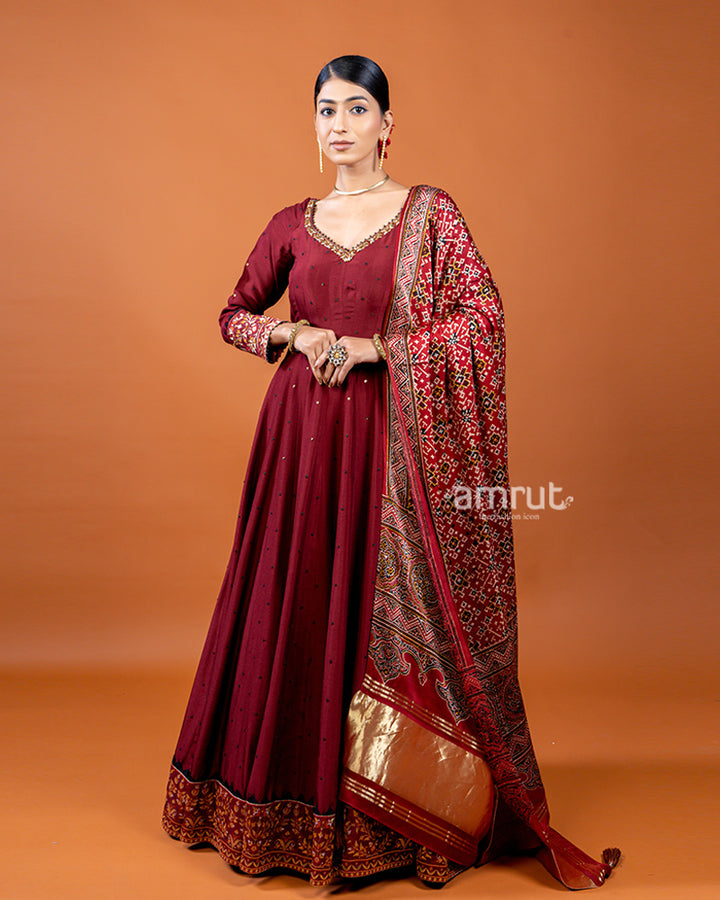 Rosy Red Anarkali Featuring Sequin Buti Embellishments and Printed Dupatta