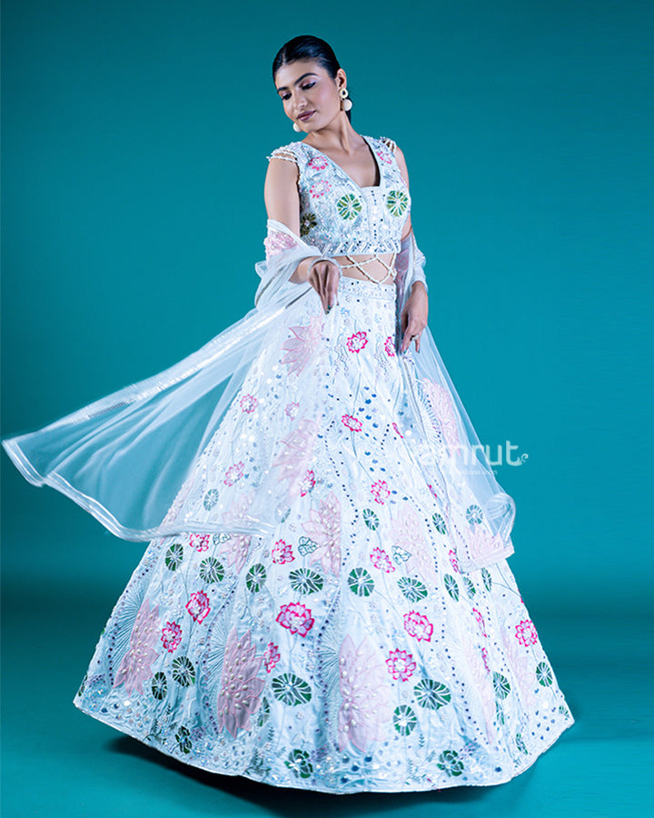 Embroidered White Lehenga with Lotus Design, Sweetheart Neckline Choli, and Sheer Dupatta