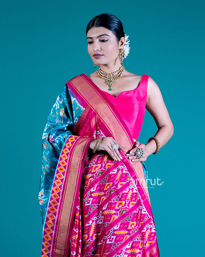 Turquoise Blue Patola Silk Saree with Contrast Pink Border and Pallu, with Unstitched