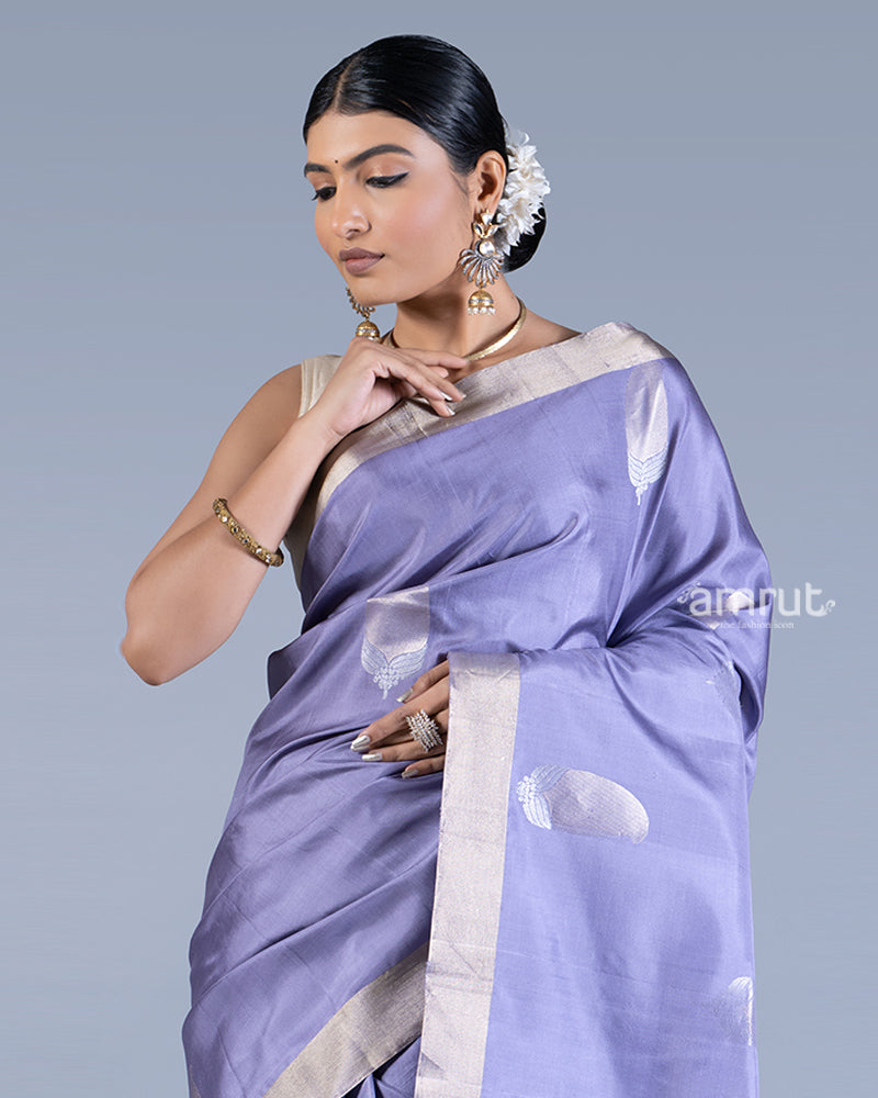 Light Purple with Golden Zari Leaf Patterns and Geometric Motifs Saree with unstitched blouse