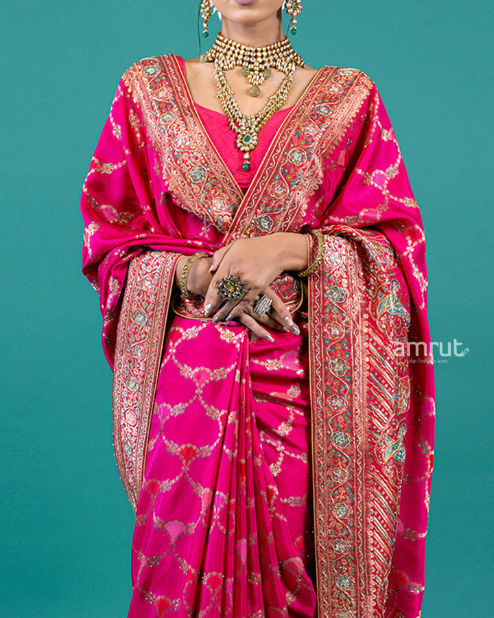 Name: Magenta Pink Zari Woven Silk Saree with Unstitched Blouse Piece