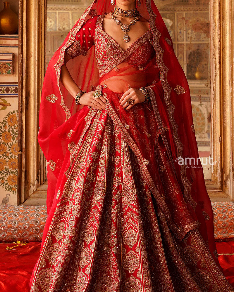 Red Golden Embroidered Embellished Bridal Lehenga Choli with Red Dupatta