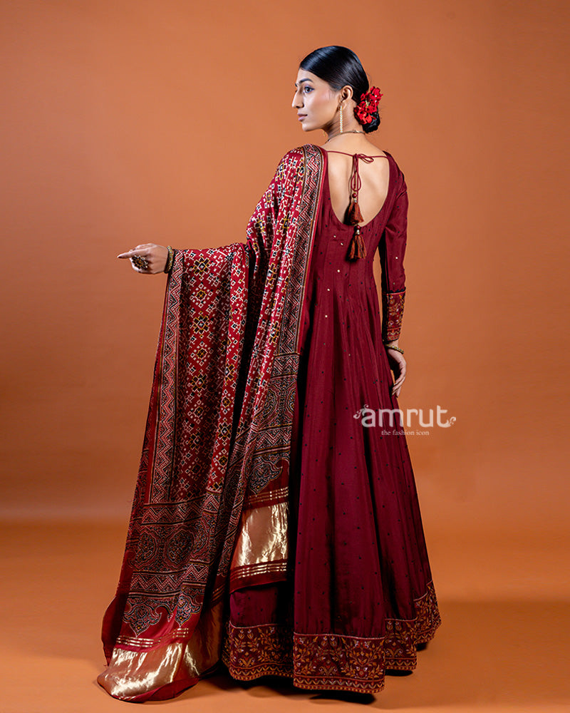 Rosy Red Anarkali Featuring Sequin Buti Embellishments and Printed Dupatta