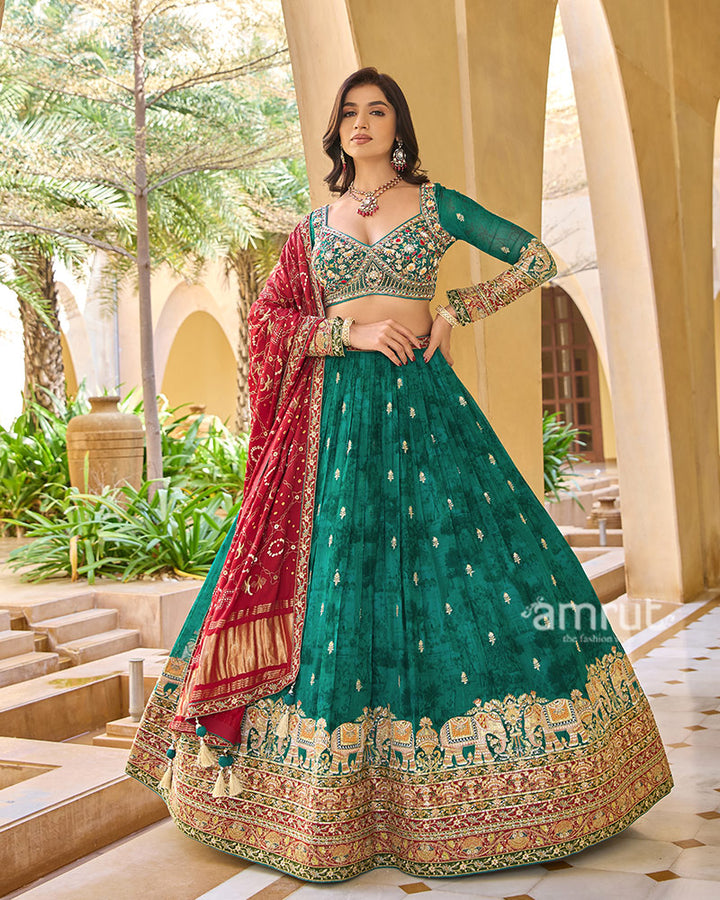 Dark Green Elephant Motif Intricate Embroidered Lehenga Choli with Maroon Dupatta