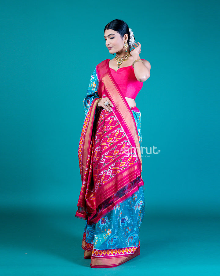 Turquoise Blue Patola Silk Saree with Contrast Pink Border and Pallu, with Unstitched