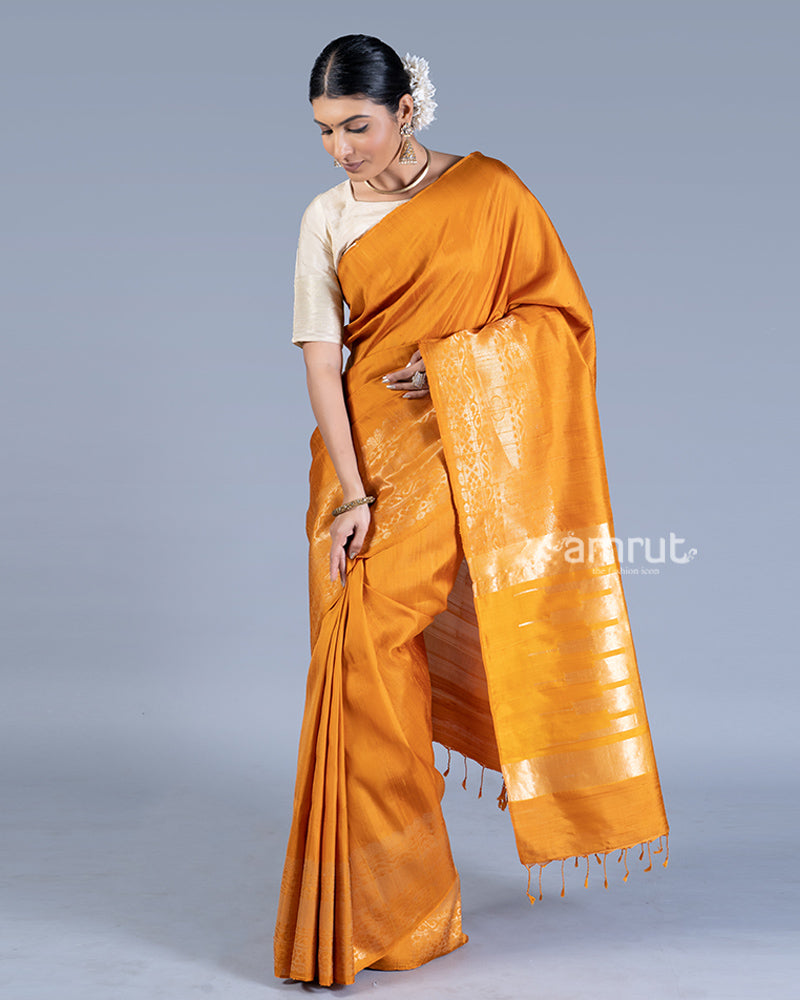 Mustard-Orange with Golden Zari Borders Silk Saree with unstitched blouse