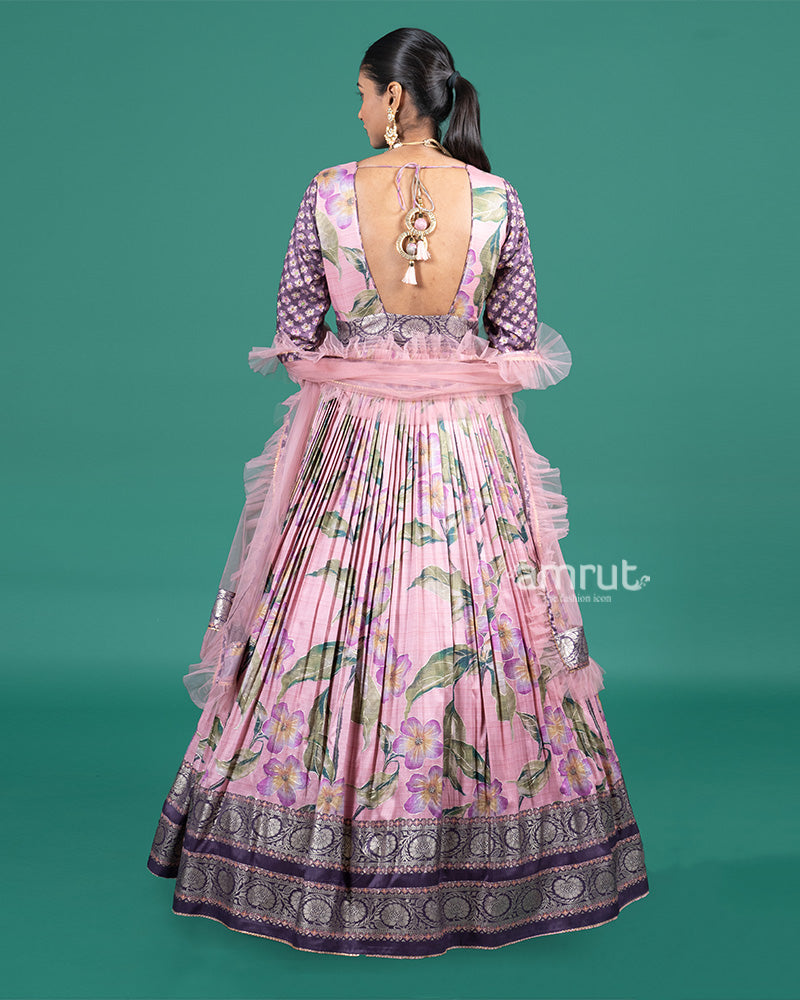 Lavender Floral Printed Embroidered Gown with Net Dupatta