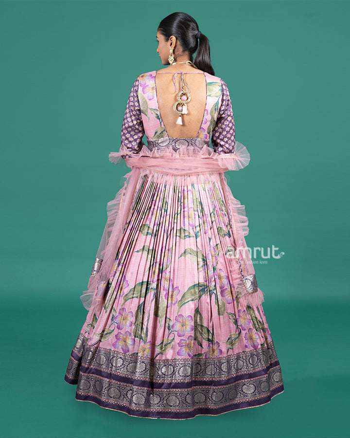 Lavender Floral Printed Embroidered Gown with Net Dupatta