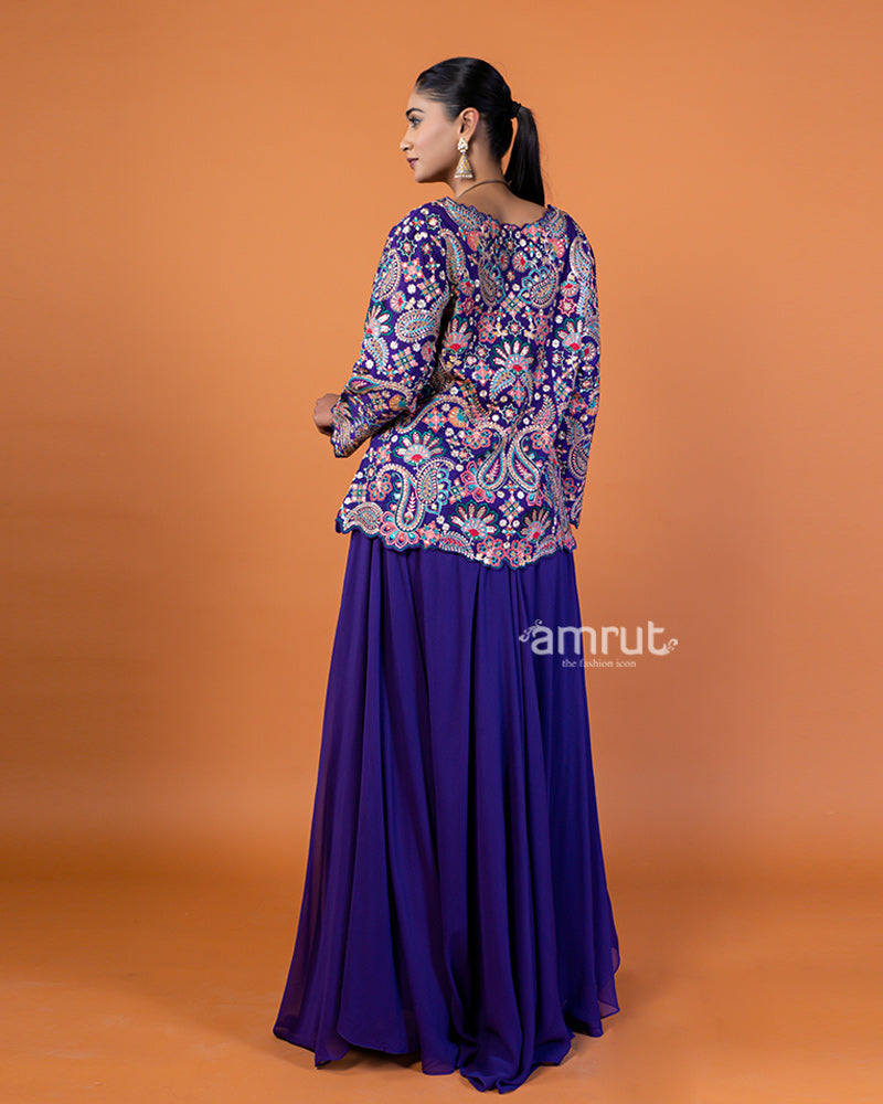 Violet Embroidered Plum Top with Flowing Sharara Pants