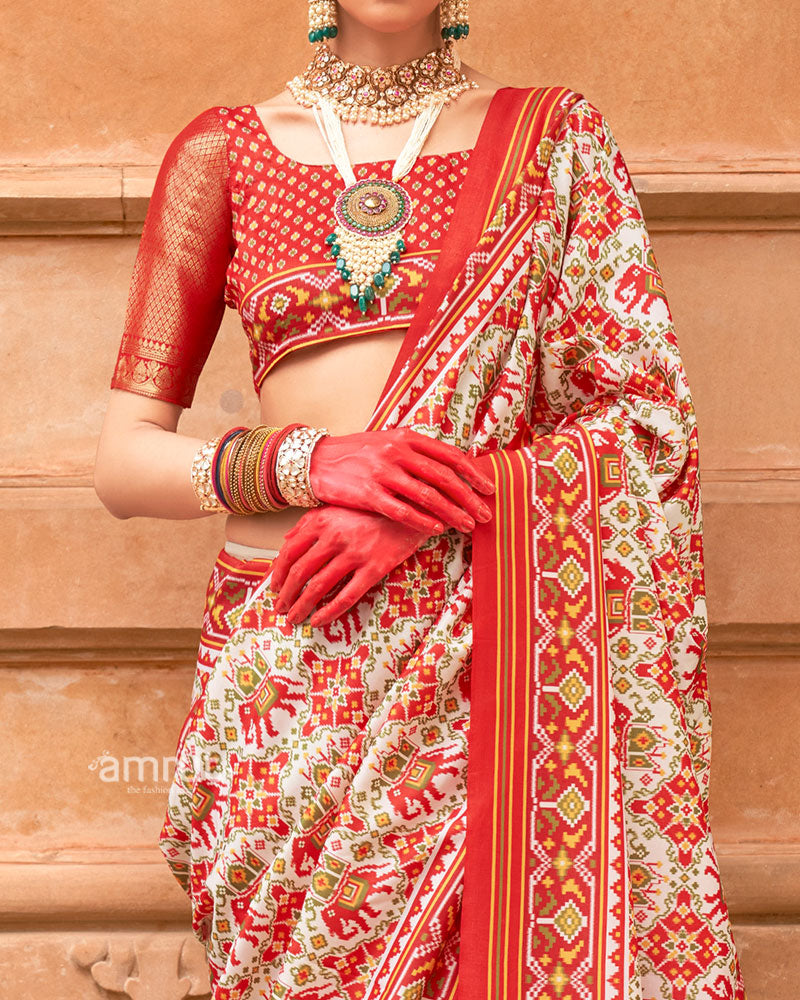 Ivory Patola Printed Saree with Red Zari Border and Unstitched Blouse