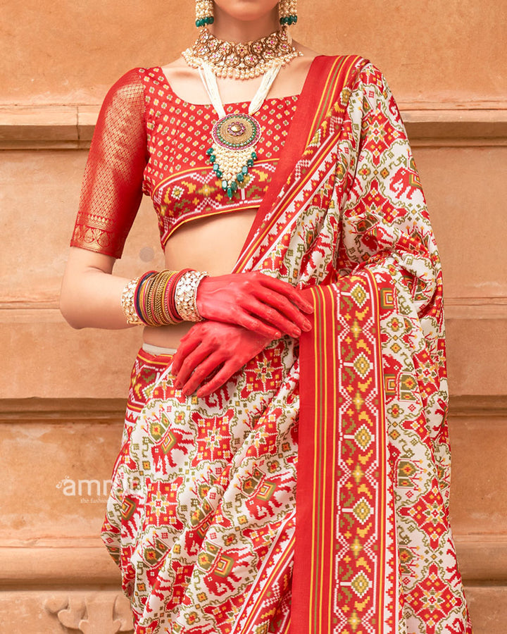 Ivory Patola Printed Saree with Red Zari Border and Unstitched Blouse