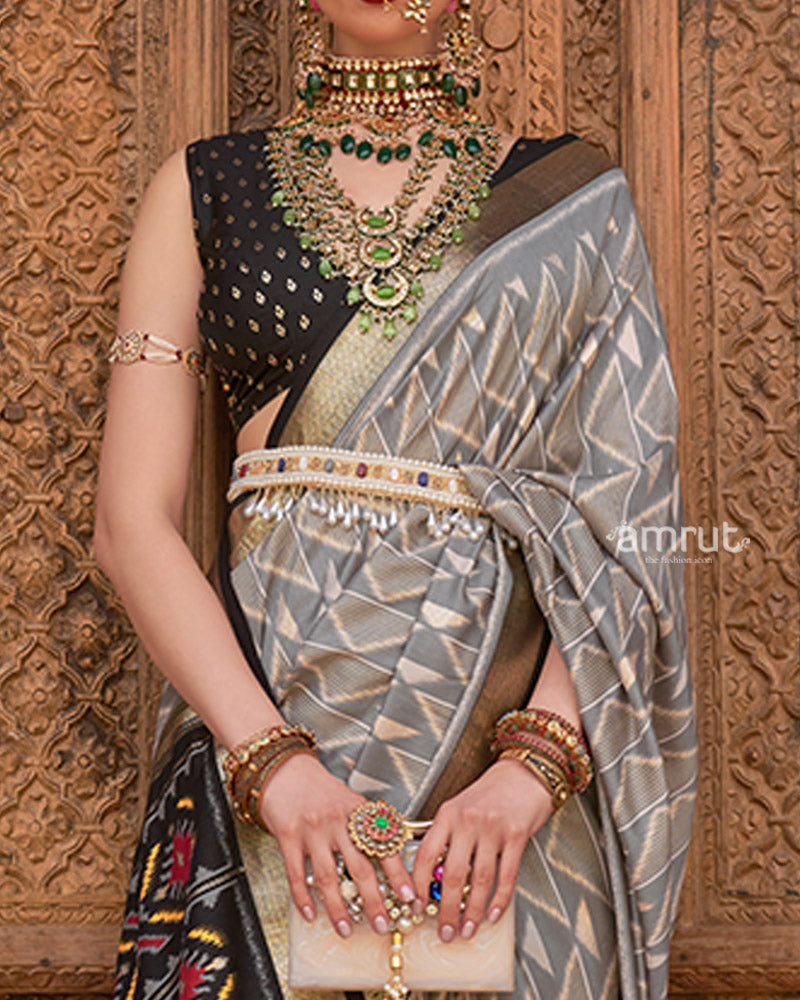 Grey Geometric Patterns & Black Border Patola Silk Saree with Unstitched Blouse