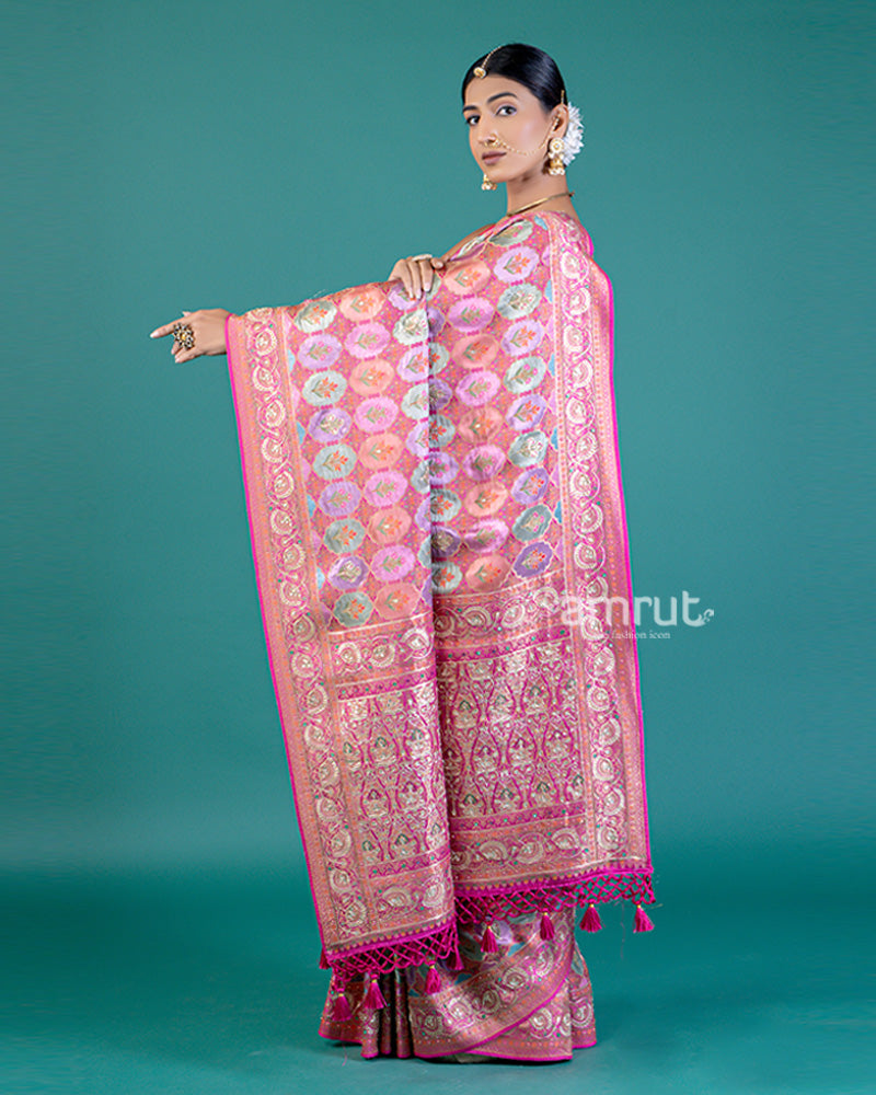 Pink Brocade Silk Saree with Heritage Woven Design and Unstitched Blouse