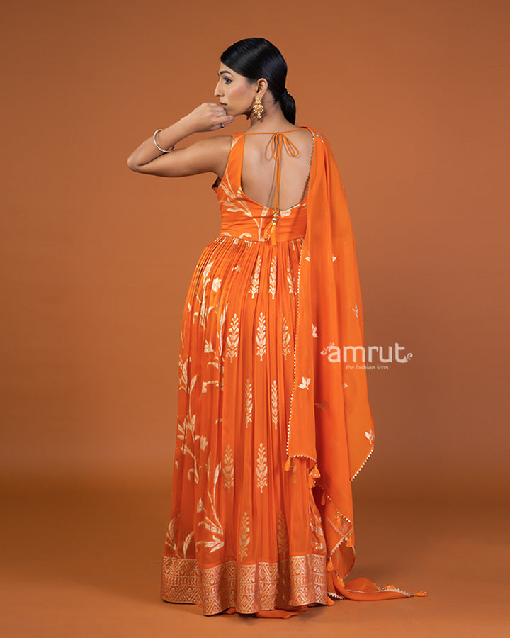 Orange Embellished Anarkali Dress with Dupatta