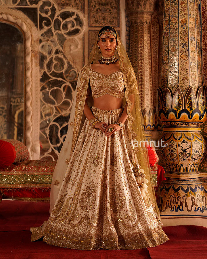 Cream and Golden Embroidered Bridal Lehenga Choli with Beige-Golden Dupatta