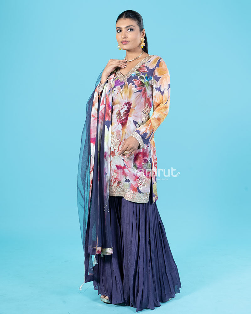 Purple Floral Printed Salwar Kameez with Golden Embellishments and Matching Dupatta