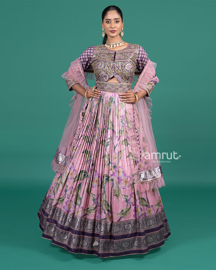Lavender Floral Printed Embroidered Gown with Net Dupatta
