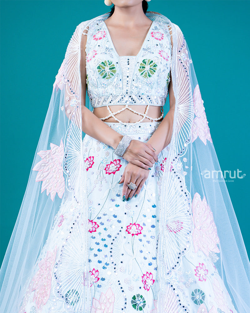 Embroidered White Lehenga with Lotus Design, Sweetheart Neckline Choli, and Sheer Dupatta