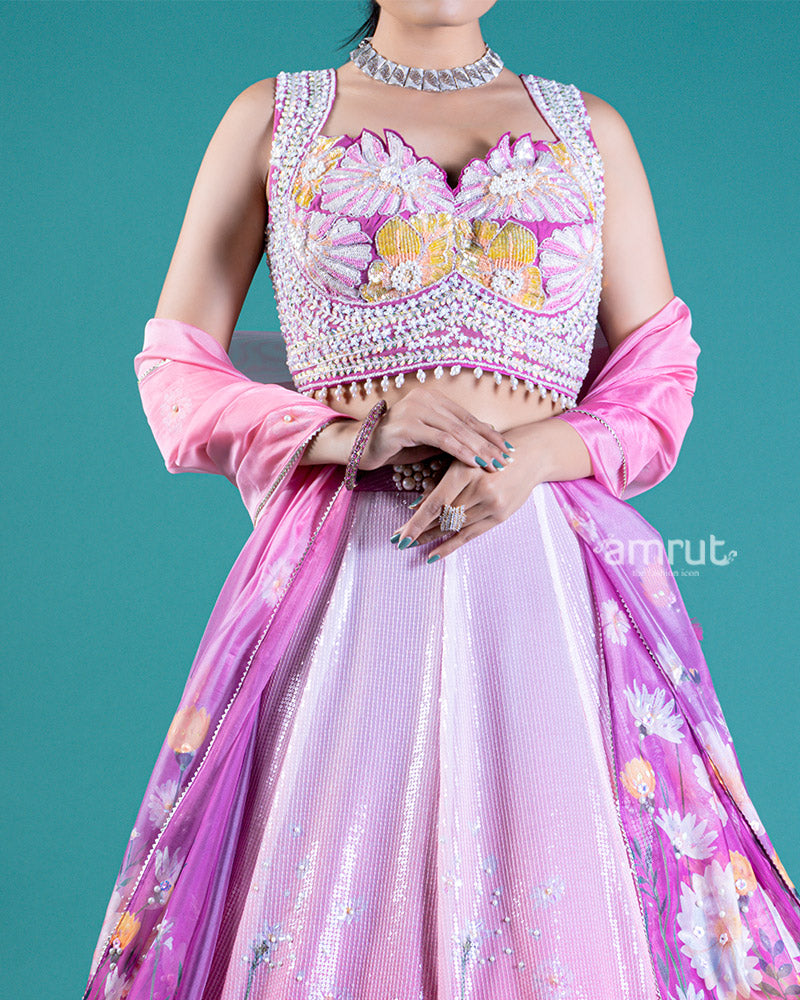 Floral Sequin Embellished Pinkish-Purple Lehenga Choli And Dupatta