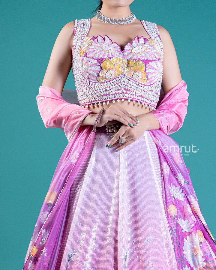 Floral Sequin Embellished Pinkish-Purple Lehenga Choli And Dupatta